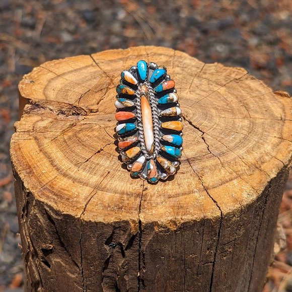 Navajo Ring Compressed Slab Mohave‎ Turquoise Cluster Native American Sz 8.25***